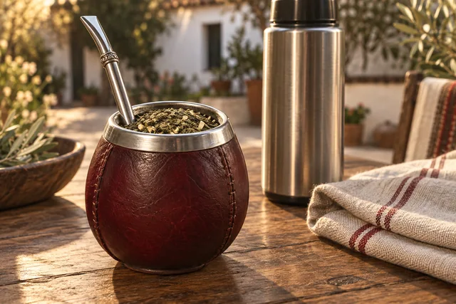 A mate gourd, bombilla and thermos in a sunlit courtyard